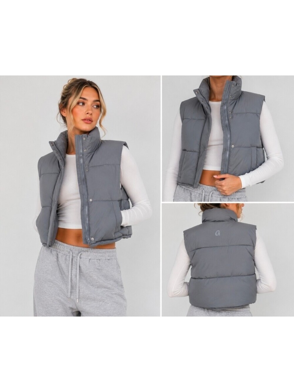 Garage Mini Puff Vest 2.0 Women’s Large Gray Cropped Puffer High Collar